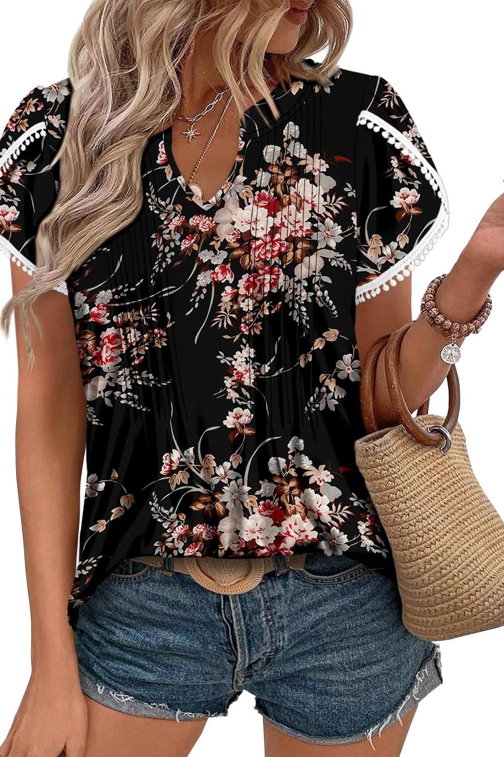 ✨Women's Cute Fringe Cuff Casual Short Sleeve Printed & Solid Tops(BUY 2 FREE SHIPPING)