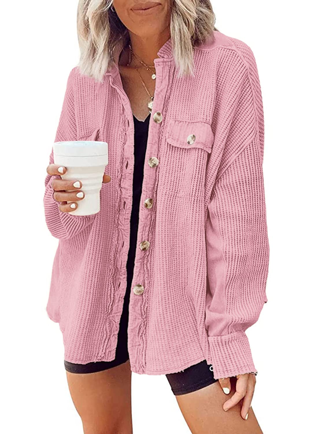 ✨Women's Loose Fit Batwing Sleeve Waffle Knit Button Down Shirt Shacket Tops