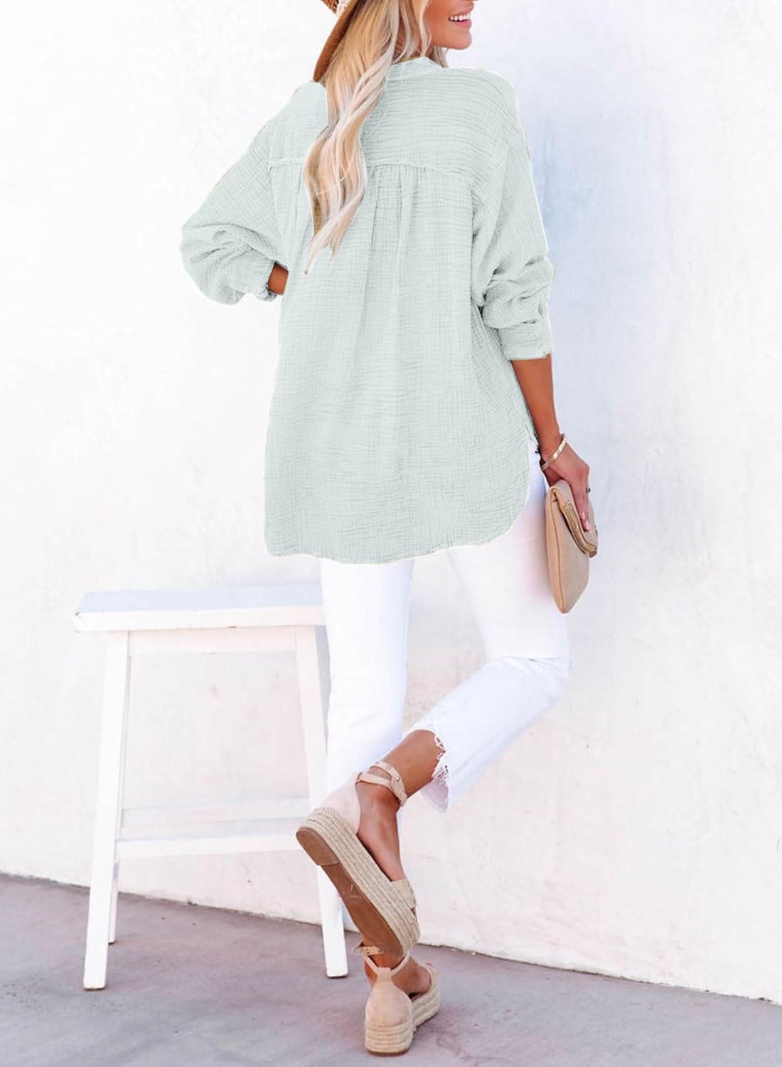 ✨Womens Casual Gauze Button Neck Long Sleeve Oversized BlousesTops(BUY 2 FREE SHIPPING)