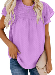 ✨Womens Crewneck Lace Crochet Pom Pom Flowy Short Sleeve Casual Shirts Blouses