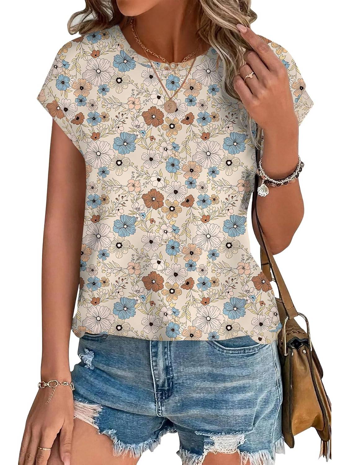 ✨Womens Printing Dressy Casual Cap Sleeve Tops with Curved Hem(Buy 3 Free Shipping)