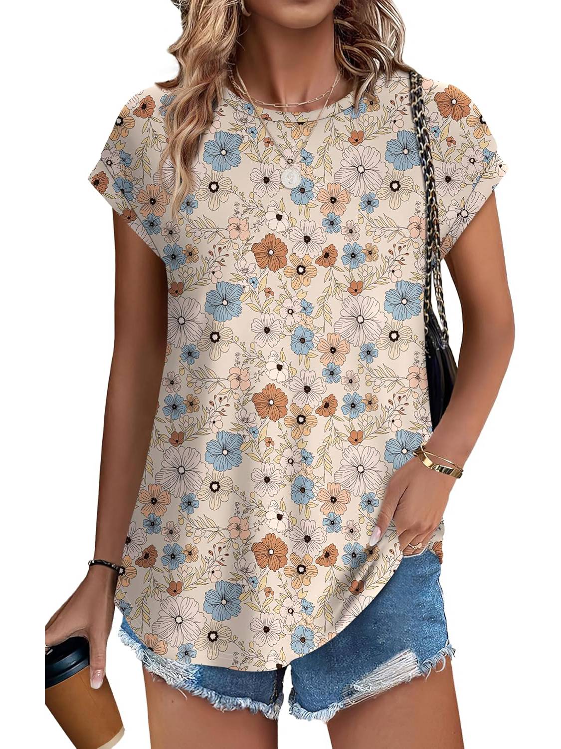 ✨Womens Printing Dressy Casual Cap Sleeve Tops with Curved Hem(Buy 3 Free Shipping)