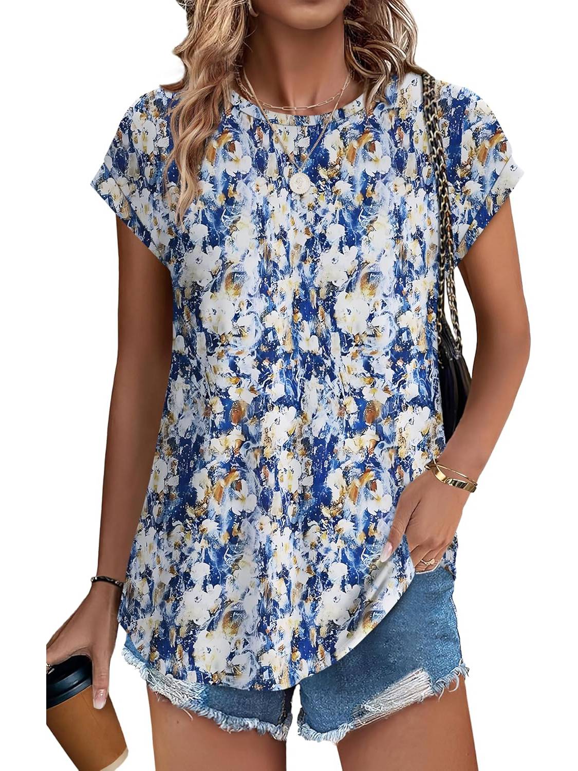 ✨Womens Printing Dressy Casual Cap Sleeve Tops with Curved Hem(Buy 3 Free Shipping)