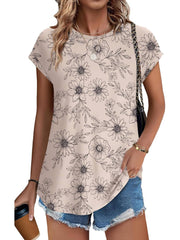 ✨Womens Printing Dressy Casual Cap Sleeve Tops with Curved Hem(Buy 3 Free Shipping)