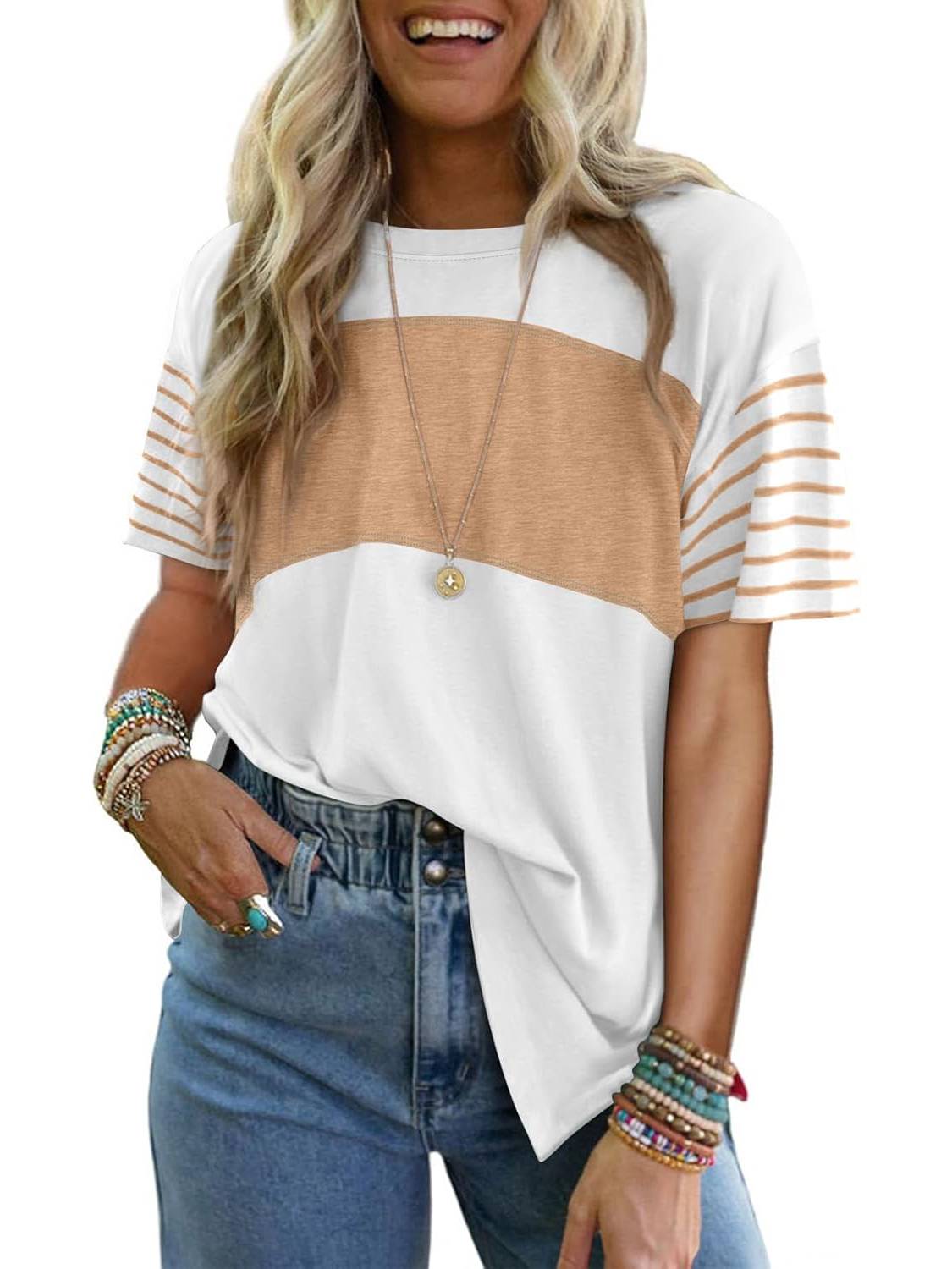 ✨Womens Oversized Crewneck Casual Color Block Striped Shirts Blouses(Buy 3 Free Shipping)