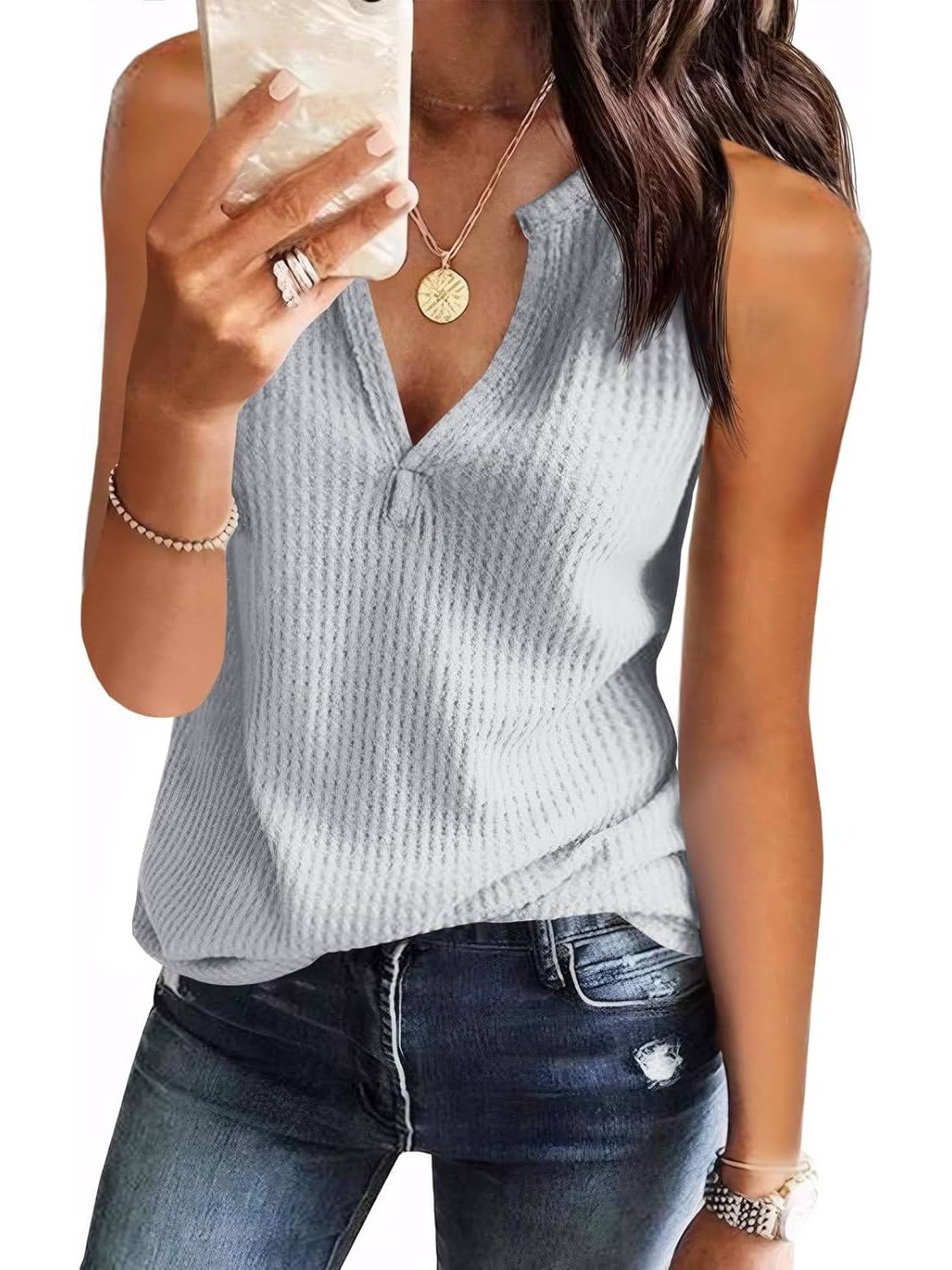 ✨Womens V Neck Waffle Knit Summer Casual Sleeveless Loose Tank Tops(Buy 3 Free Shipping)
