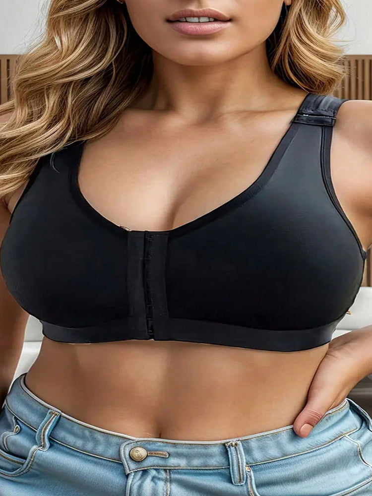 Front-Clasp Plus-Size Wireless Unlined Bra with Pure Color and Delicate Details Black