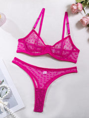 Sexy Polka Dot Half Cup Ultra Thin See Through Lingerie Set HotPink