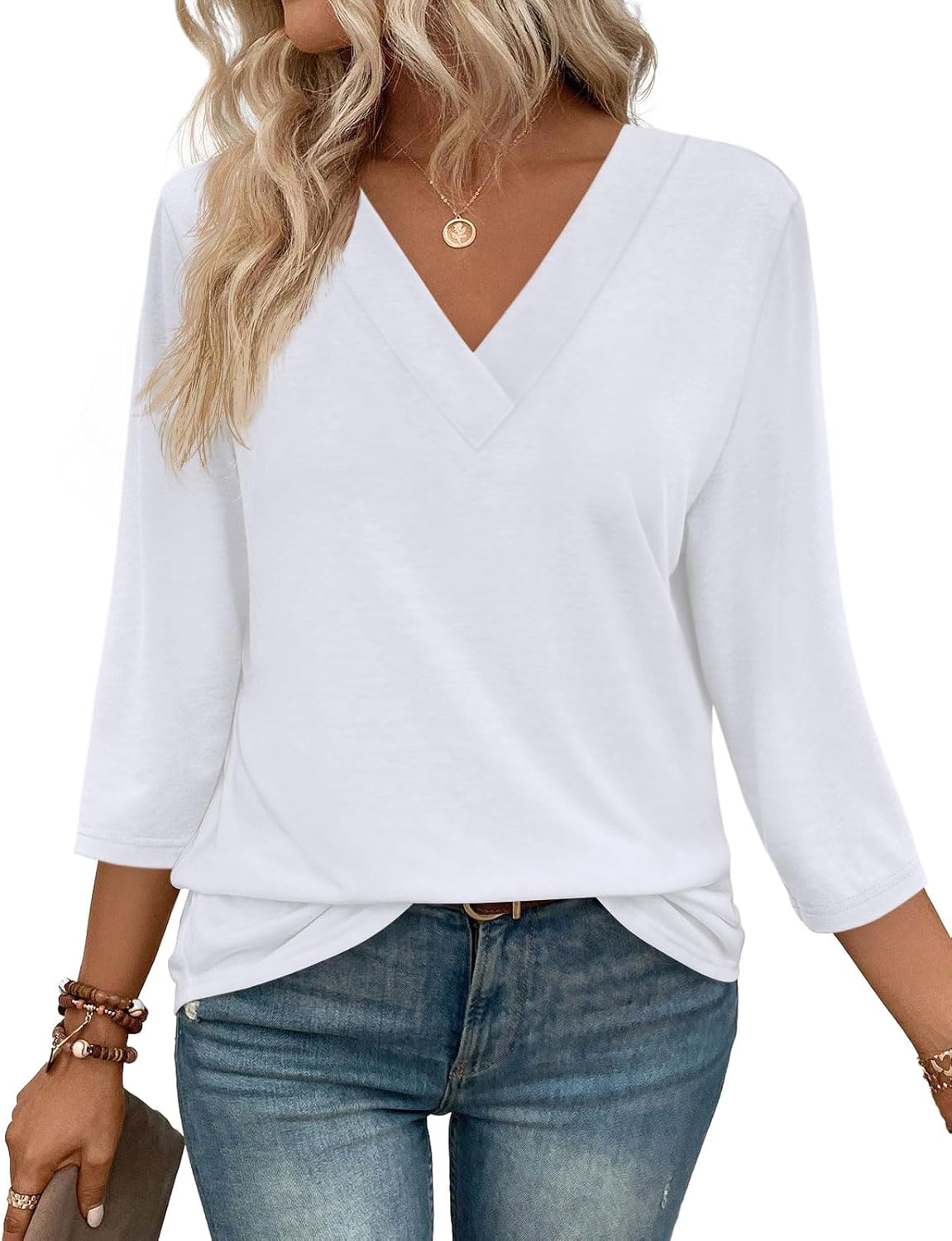 ✨Women's Trendy V Neck 3/4 Long Sleeve Tops Loose Fit Blouse (Buy 3 Free Shipping)
