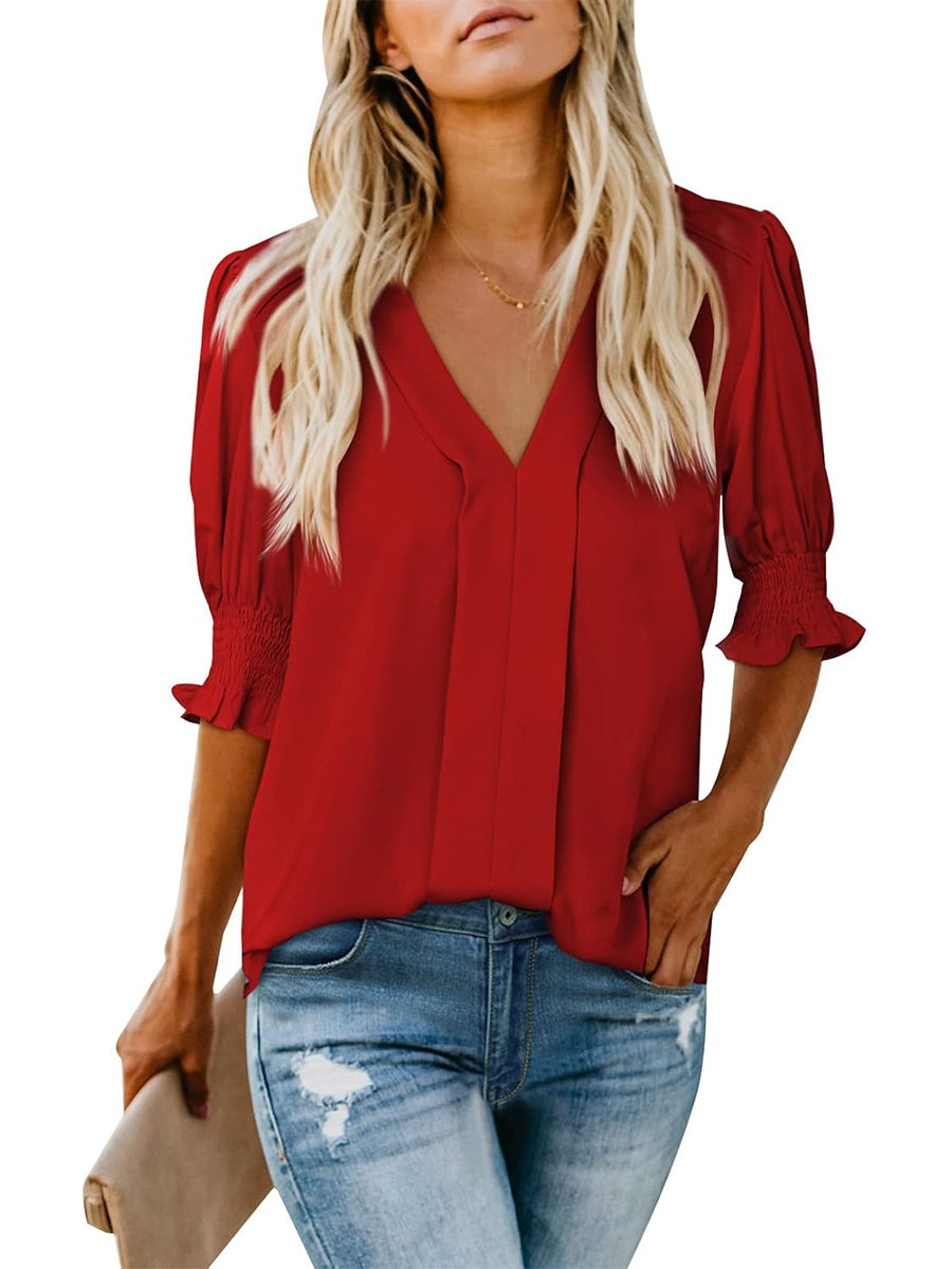 ✨Women's V Neck Dressy Puff Ruffle Blouse Casua Short Sleeve Tops(BUY 2 FREE SHIPPING)