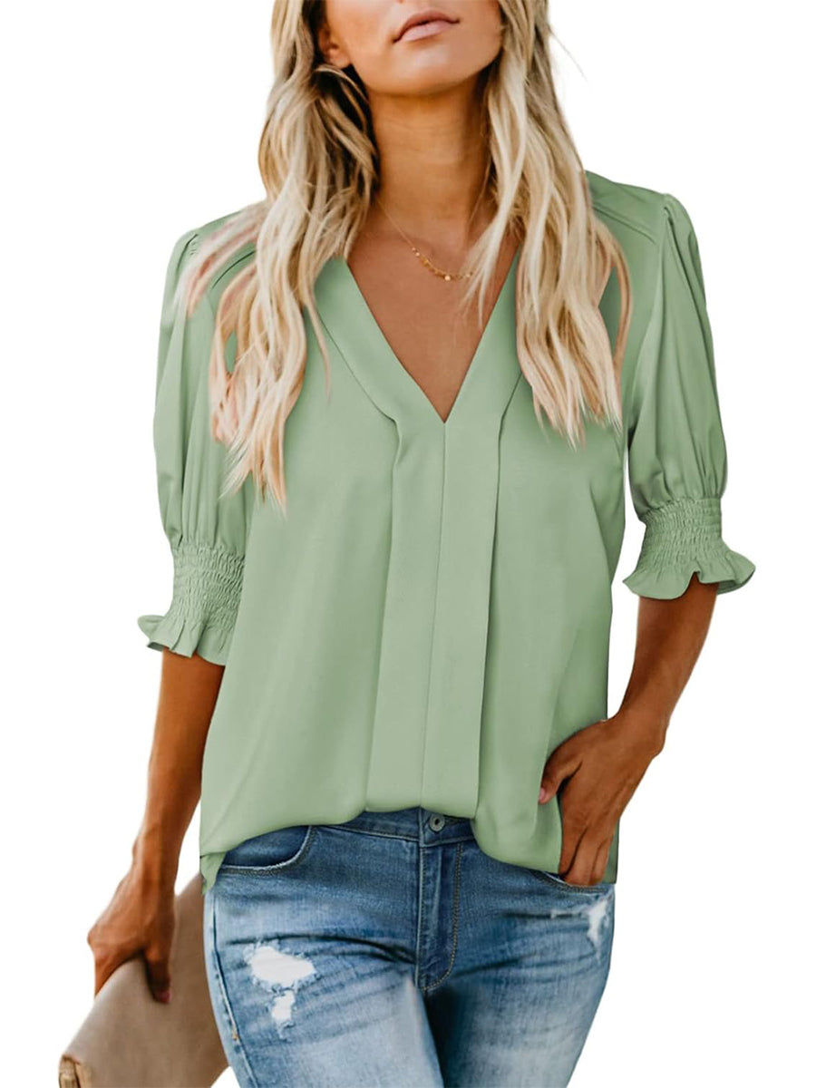 ✨Women's V Neck Dressy Puff Ruffle Blouse Casua Short Sleeve Tops(BUY 2 FREE SHIPPING)