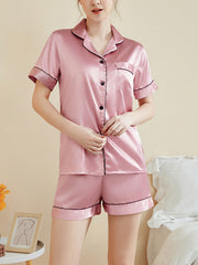 Threaded Solid Color Short Sleeve Shorts Casual Lapel Loungewear Set Pink