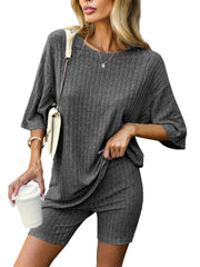Fashionable Ribbed Knitted T-shirt Shorts Pajamas Home Clothes 2-piece Set Gray