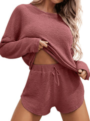 Waffle Knit Women's Pajamas Casual Set Wearable Loungewear RosyBrown