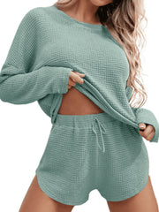 Waffle Knit Women's Pajamas Casual Set Wearable Loungewear LightGreen