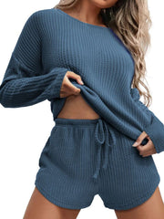 Waffle Knit Women's Pajamas Casual Set Wearable Loungewear Blue
