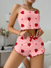Strawberry Print Camisole And Shorts Pajamas Set