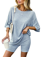 Fashionable Ribbed Knitted T-shirt Shorts Pajamas Home Clothes 2-piece Set LightCyan