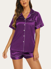 Threaded Solid Color Short Sleeve Shorts Casual Lapel Loungewear Set Indigo