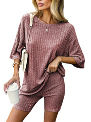Fashionable Ribbed Knitted T-shirt Shorts Pajamas Home Clothes 2-piece Set RosyBrown
