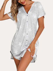 Loose Short Sleeve Button Dress Midi Shirt V Neck Nightdress