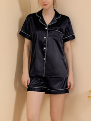 Threaded Solid Color Short Sleeve Shorts Casual Lapel Loungewear Set Black
