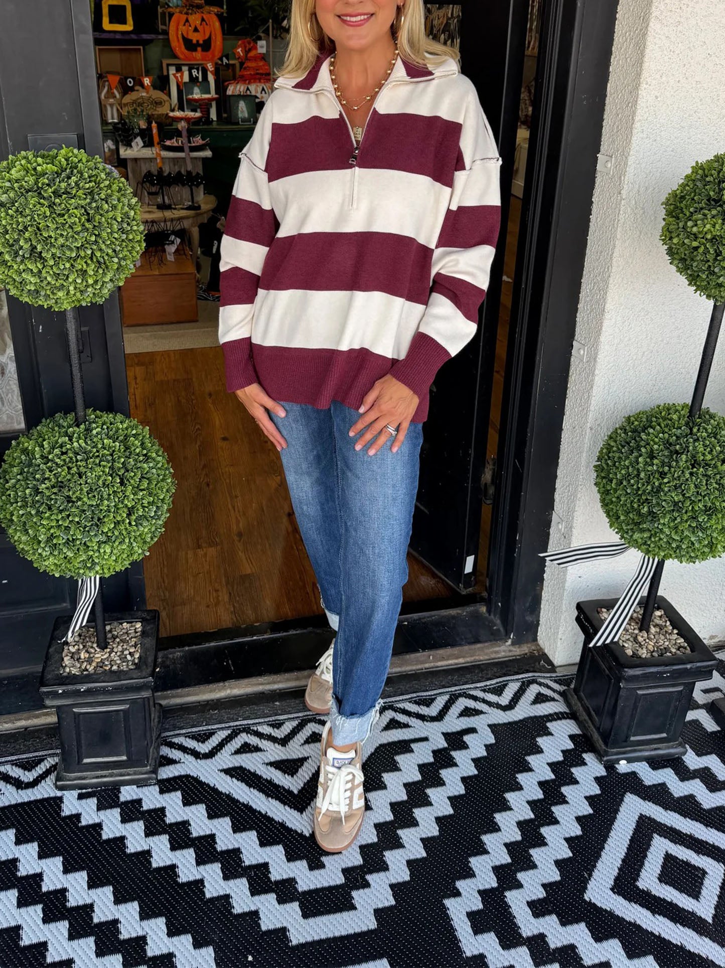 Half Zipper Stripe Pullover (Buy 2 Free Shipping)