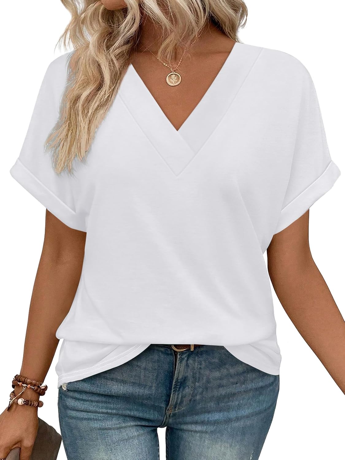 ✨Womens Summer V Neck Short Sleeve Solid Color Basic T Shirt(Buy 3 Free Shipping)