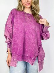 ✨Womens Acid Wash Split Cuff Oversized Crew Pullover (Buy 2 Free Shipping)