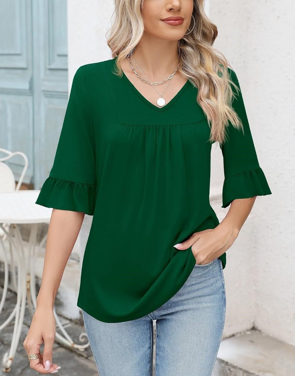 ✨WOMENS 3/4 LENGTH SLEEVE V-NECK CASUAL RUFFLE SLEEVE TUNIC BLOUSES(Buy 3 Free Shipping)