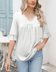 ✨WOMENS 3/4 LENGTH SLEEVE V-NECK CASUAL RUFFLE SLEEVE TUNIC BLOUSES(Buy 3 Free Shipping)