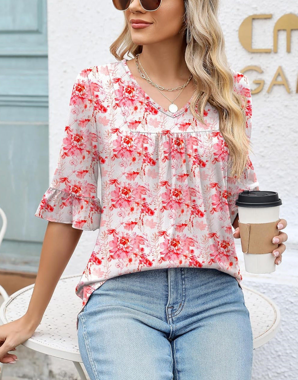 ✨WOMENS 3/4 LENGTH SLEEVE V-NECK CASUAL RUFFLE SLEEVE TUNIC BLOUSES(Buy 3 Free Shipping)