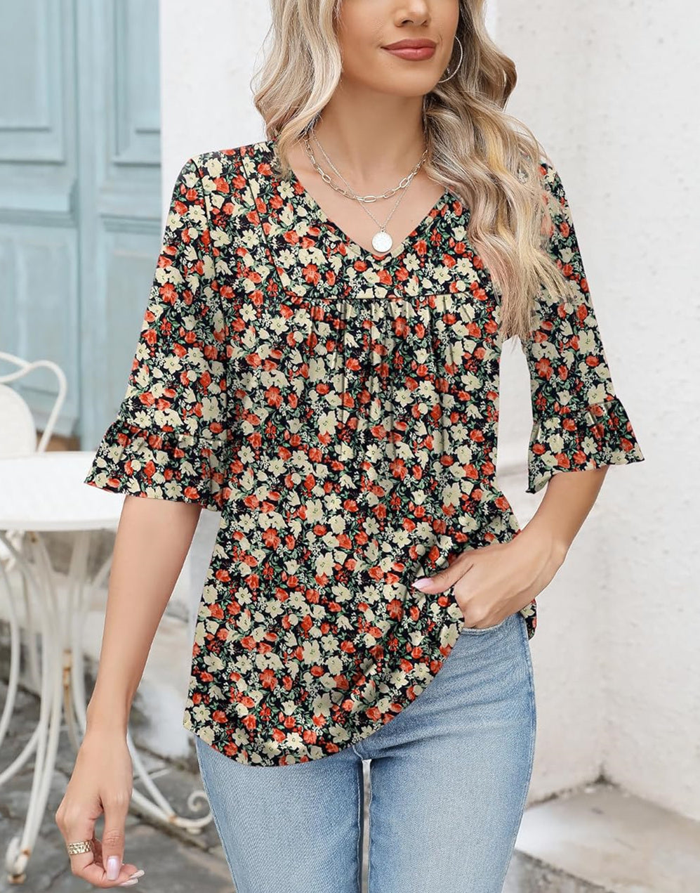 ✨WOMENS 3/4 LENGTH SLEEVE V-NECK CASUAL RUFFLE SLEEVE TUNIC BLOUSES(Buy 3 Free Shipping)