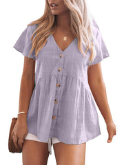 Women's Short Sleeve V Neck Blouse Button Down Shirt Loose Casual Ruffle Hem Babydoll Peplum Top