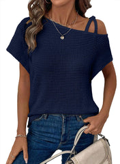 ✨Women's Off One Shoulder Waffle Knit Short Sleeve T-Shirts(buy 2 free shipping)