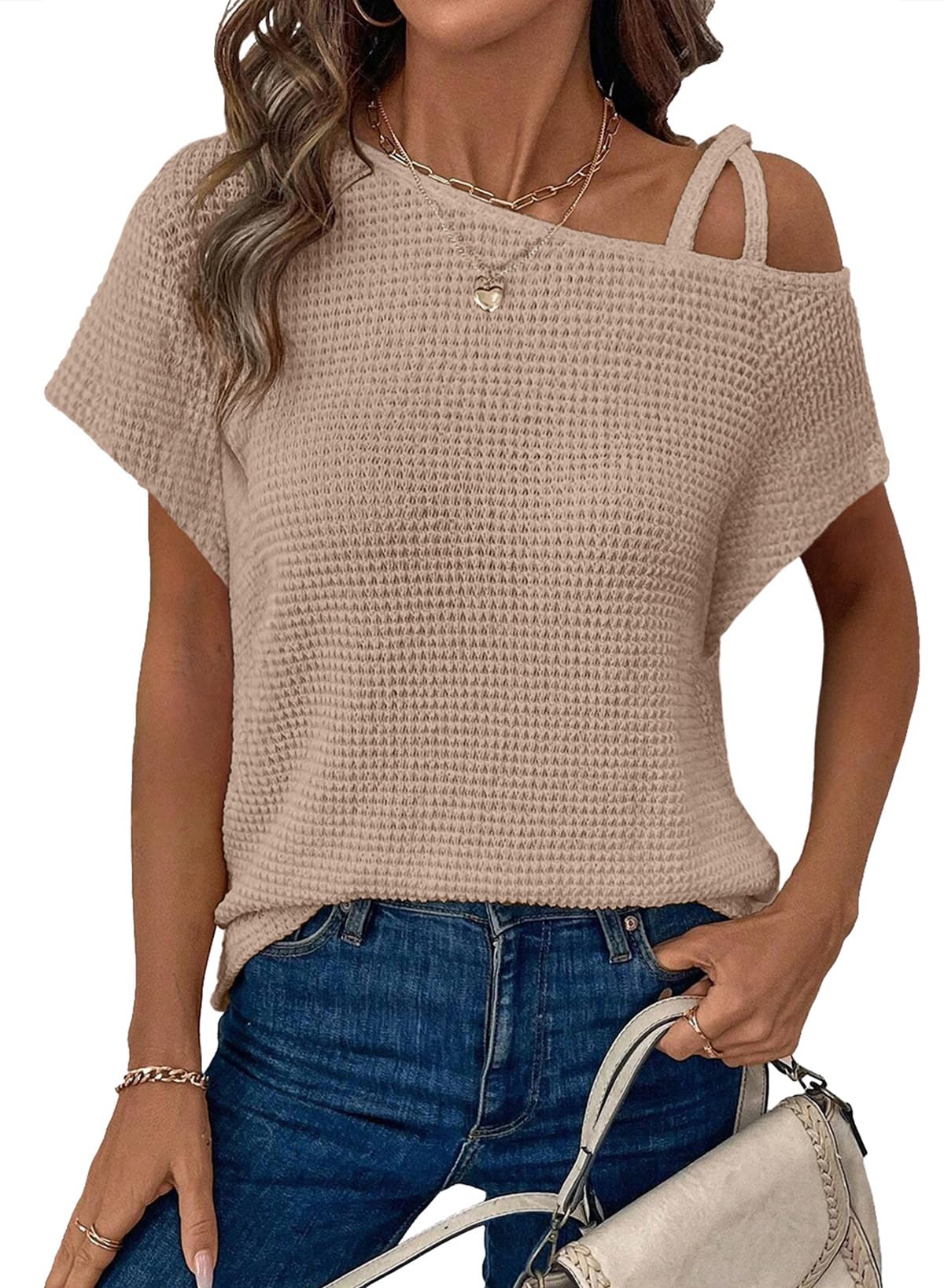 ✨Women's Off One Shoulder Waffle Knit Short Sleeve T-Shirts(buy 2 free shipping)