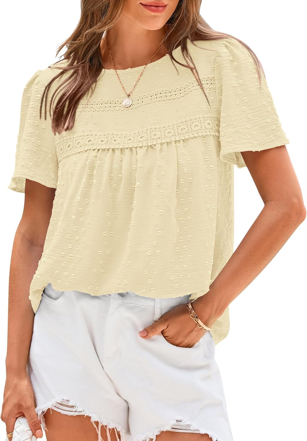 ✨Women's Swiss Dot Lace Crochet Crewneck Boho Short Sleeves(Buy 2 Free Shipping)