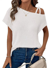 ✨Women's Off One Shoulder Waffle Knit Short Sleeve T-Shirts(buy 2 free shipping)