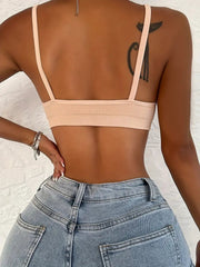 Plain Rib Knit Scoop Neck Spaghetti Strap Wireless Bra Linen