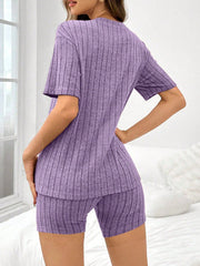 Women Solid Color Brushed Ribbed Loose Crew Neck Short Sleeve Top & Shorts Pajama Set Violet