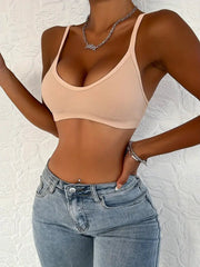 Plain Rib Knit Scoop Neck Spaghetti Strap Wireless Bra Linen