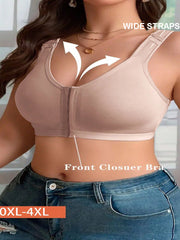 Front-Clasp Plus-Size Wireless Unlined Bra with Pure Color and Delicate Details