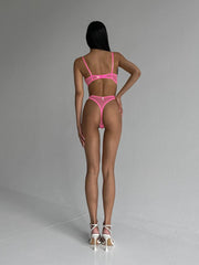 Sexy Polka Dot Half Cup Ultra Thin See Through Lingerie Set HotPink