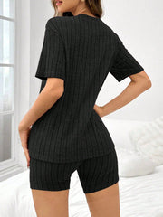 Women Solid Color Brushed Ribbed Loose Crew Neck Short Sleeve Top & Shorts Pajama Set Black