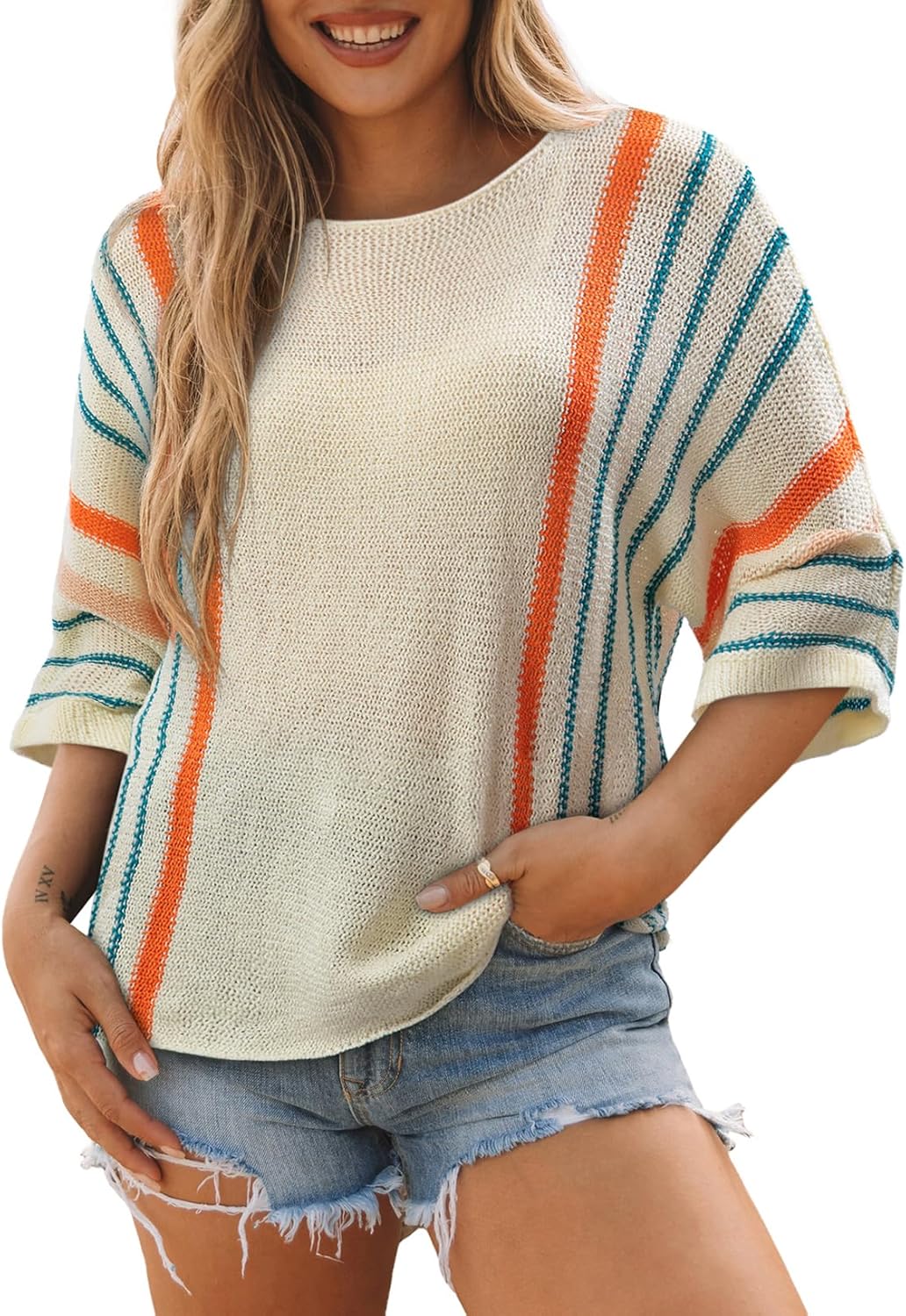 ✨Hot Sale-Women's Casual Color Block Striped Cable Knit Boho Sweater(Buy 2 Free Shipping)