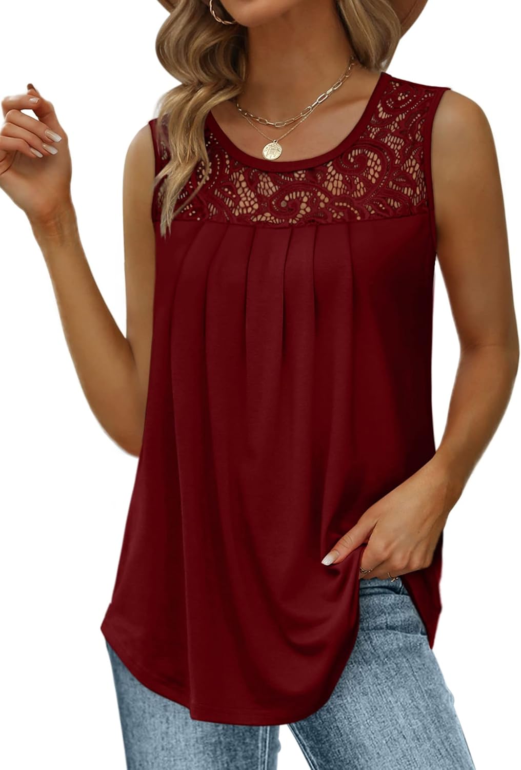✨Women's Loose Fit Pleated Scoop Neck Sleeveless Lace Tank Tops (Buy 3 Free Shipping)