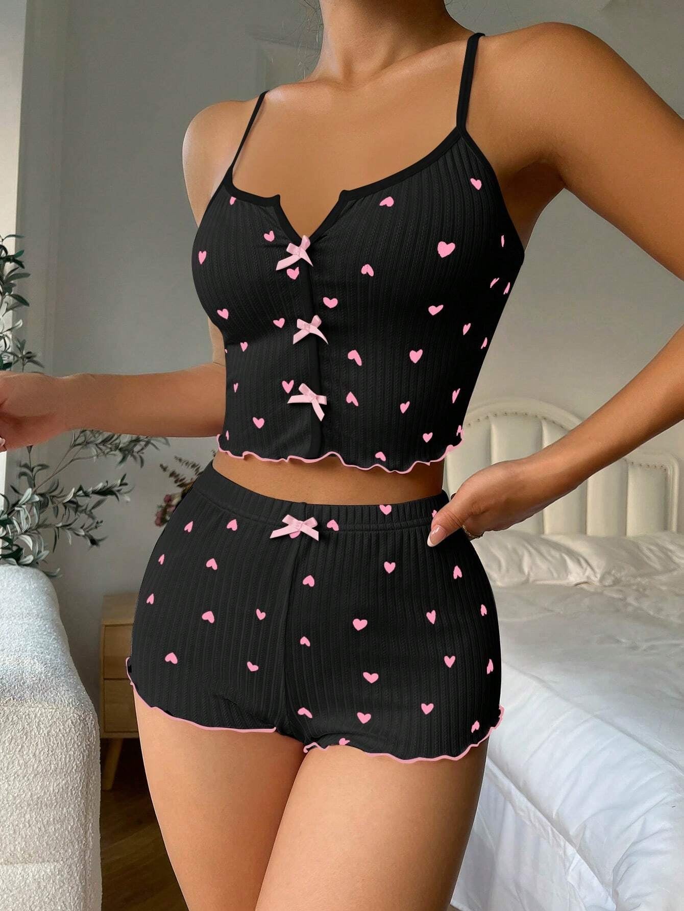 Heart Printed Bow Front Camisole Shorts Cross Back Pajama Set Pink Bow