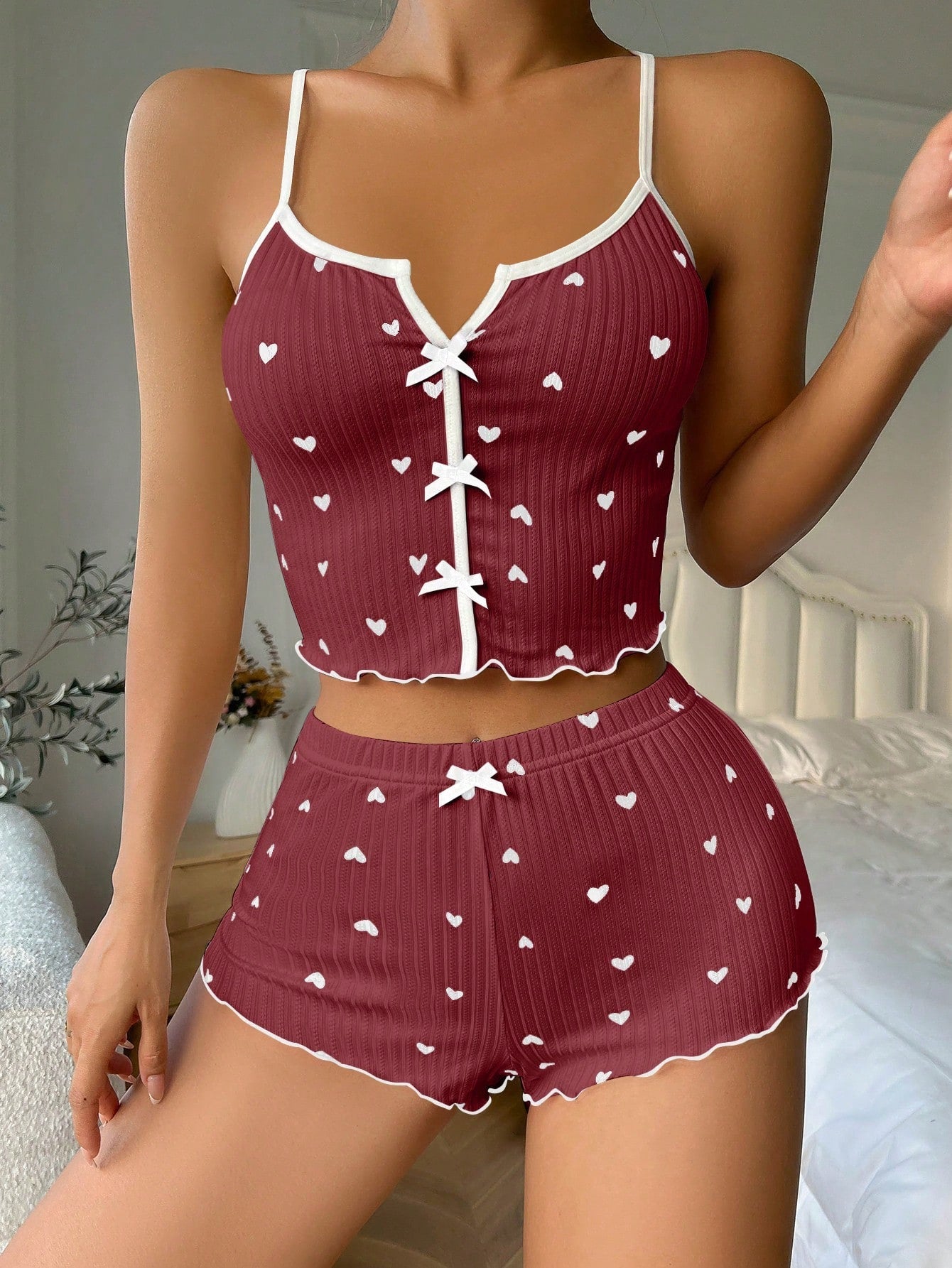Heart Printed Bow Front Camisole Shorts Cross Back Pajama Set DarkRed