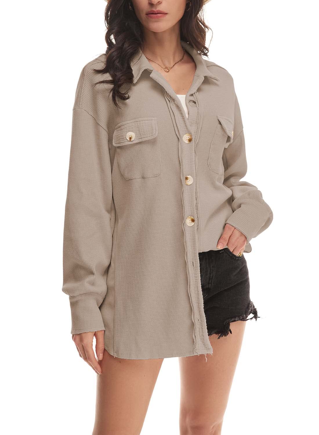 ✨Women's Loose Fit Batwing Sleeve Waffle Knit Button Down Shirt Shacket Tops
