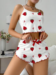 Strawberry Print Camisole And Shorts Pajamas Set White
